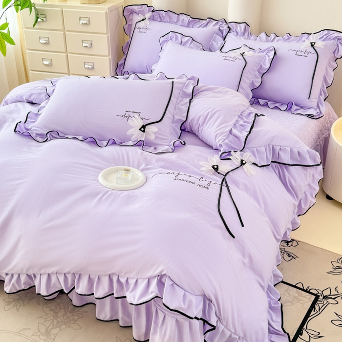 91家纺网 家纺一手货源 找家纺 莉迪娅 2026新款A类糯小棉刺绣花边四件套-雅韵系列 雅韵-紫