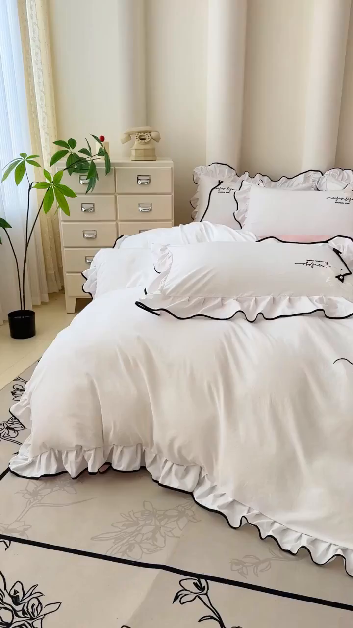 91家纺网 家纺一手货源 找家纺 莉迪娅 2026新款A类糯小棉刺绣花边四件套-雅韵系列 雅韵-白