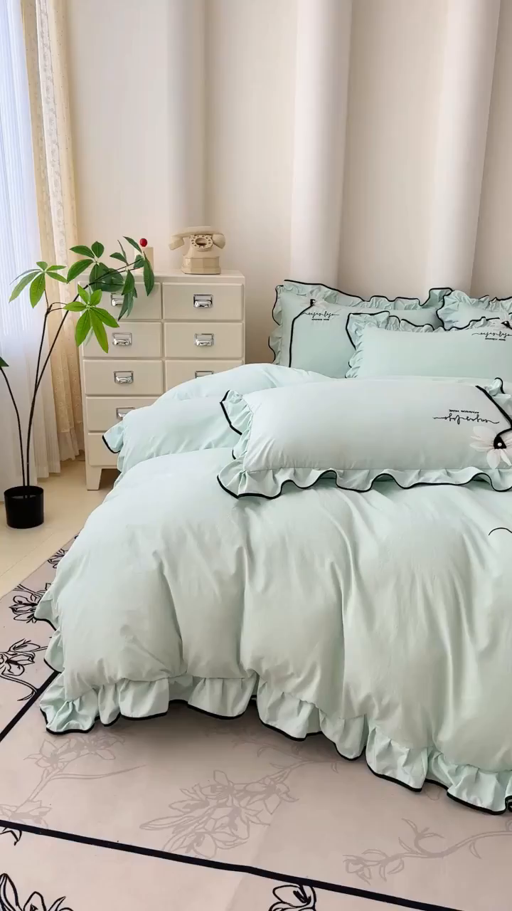 91家纺网 家纺一手货源 找家纺 莉迪娅 2026新款A类糯小棉刺绣花边四件套-雅韵系列 雅韵-绿