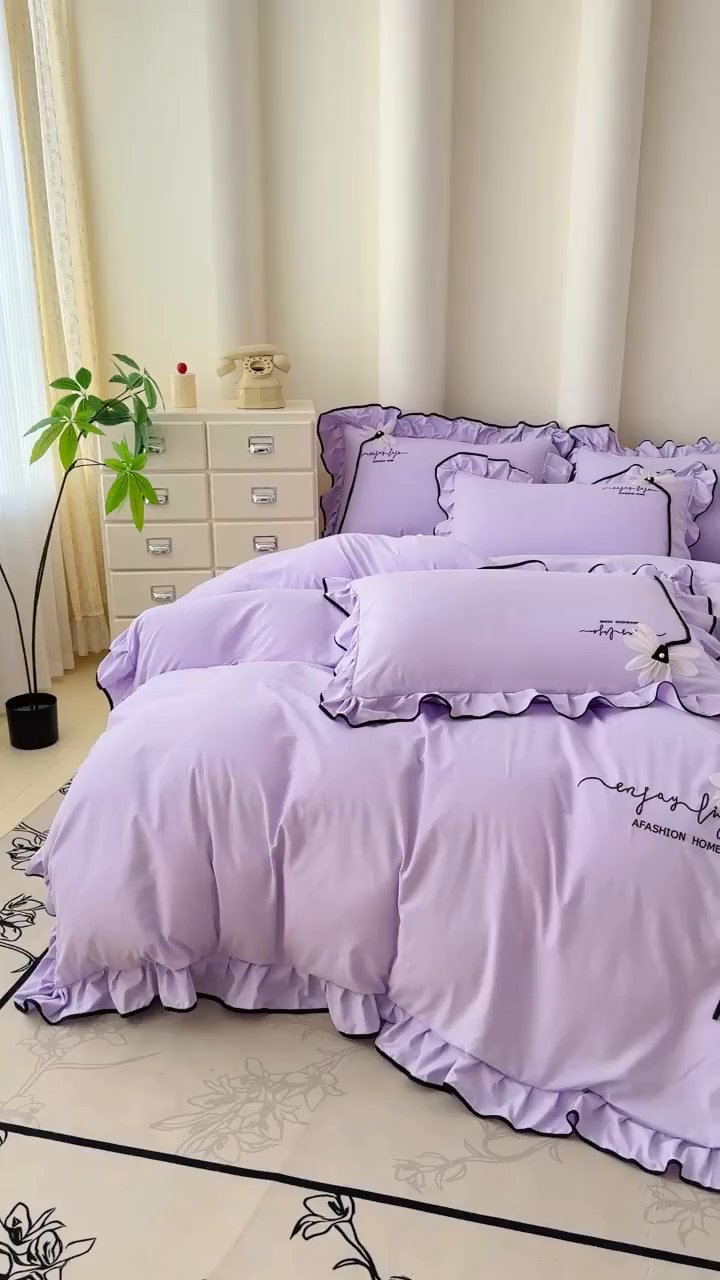 91家纺网 家纺一手货源 找家纺 莉迪娅 2026新款A类糯小棉刺绣花边四件套-雅韵系列 雅韵-紫