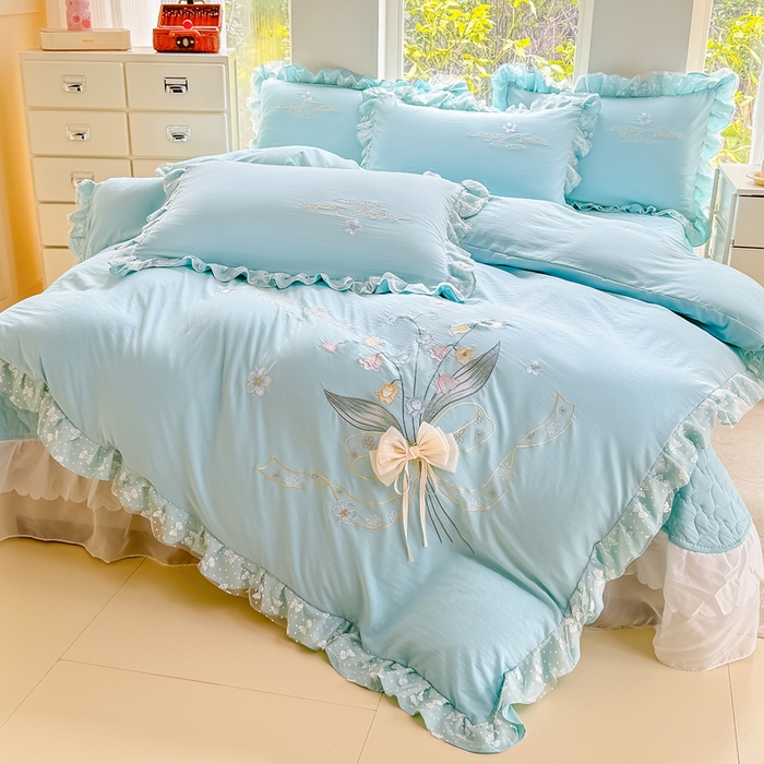 91家纺网 家纺一手货源 找家纺 （总）莉迪娅 2026新款A类糯小棉刺绣花边四件套-铃兰系列