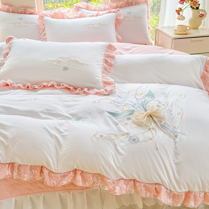 91家纺网 家纺一手货源 找家纺 （总）莉迪娅 2026新款A类糯小棉刺绣花边四件套-铃兰系列