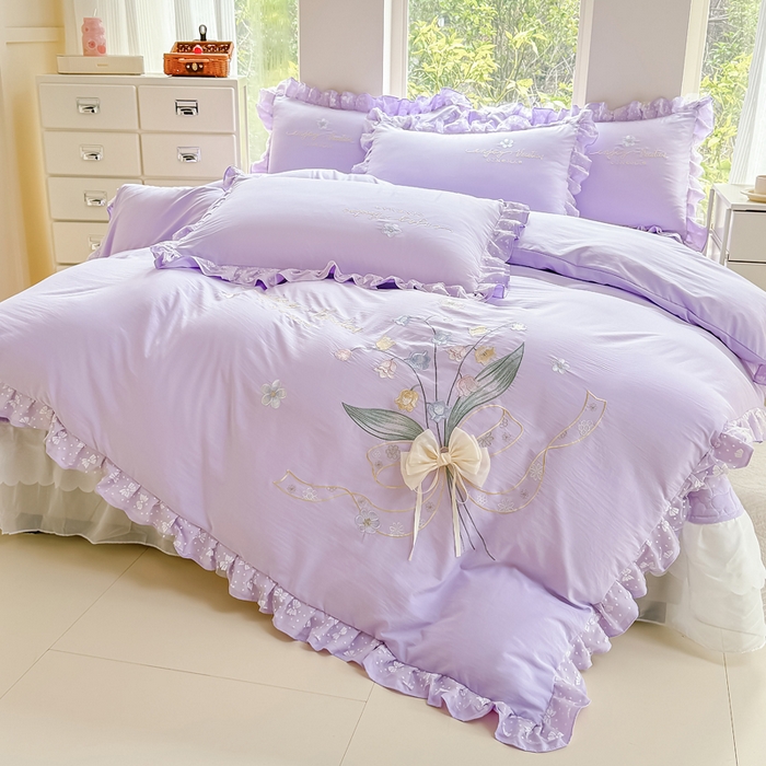 莉迪娅 2026新款A类糯小棉刺绣花边四件套-铃兰系列 铃兰-紫
