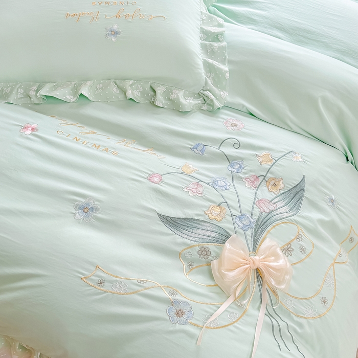 91家纺网 家纺一手货源 找家纺 莉迪娅 2026新款A类糯小棉刺绣花边四件套-铃兰系列 铃兰-绿