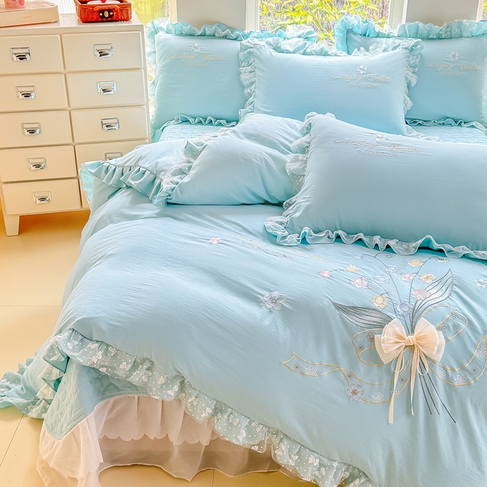 91家纺网 家纺一手货源 找家纺 莉迪娅 2026新款A类糯小棉刺绣花边四件套-铃兰系列 铃兰-蓝