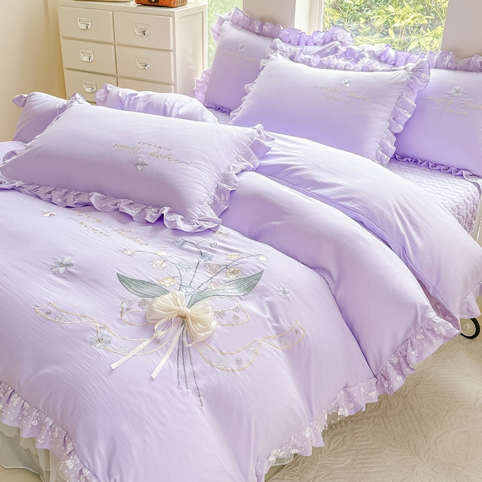 91家纺网 家纺一手货源 找家纺 莉迪娅 2026新款A类糯小棉刺绣花边四件套-铃兰系列 铃兰-紫