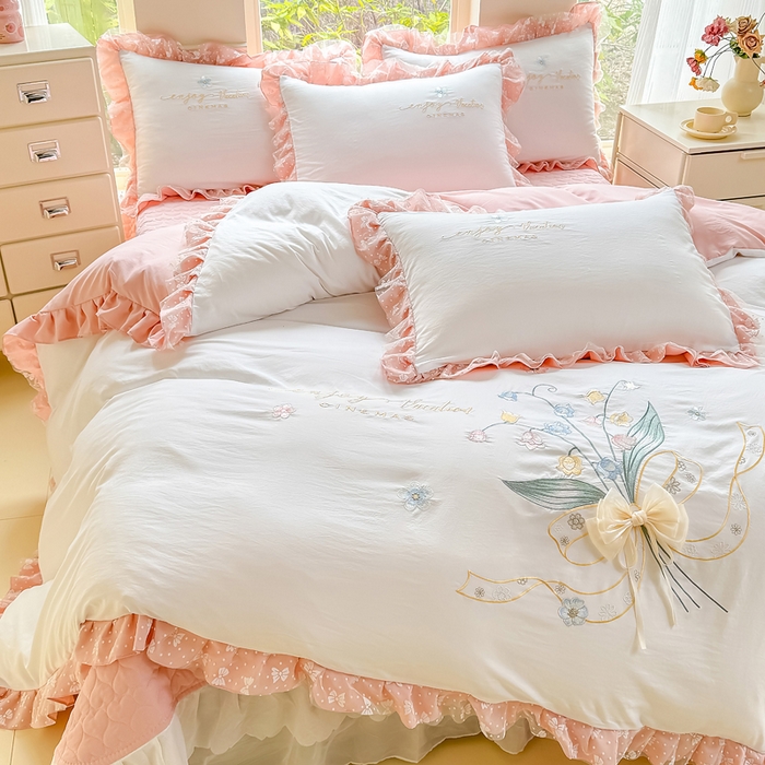 91家纺网 家纺一手货源 找家纺 莉迪娅 2026新款A类糯小棉刺绣花边四件套-铃兰系列 铃兰-白