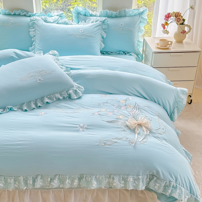 91家纺网 家纺一手货源 找家纺 莉迪娅 2026新款A类糯小棉刺绣花边四件套-铃兰系列 铃兰-蓝