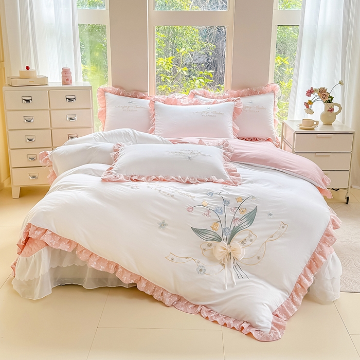 91家纺网 家纺一手货源 找家纺 莉迪娅 2026新款A类糯小棉刺绣花边四件套-铃兰系列 铃兰-白