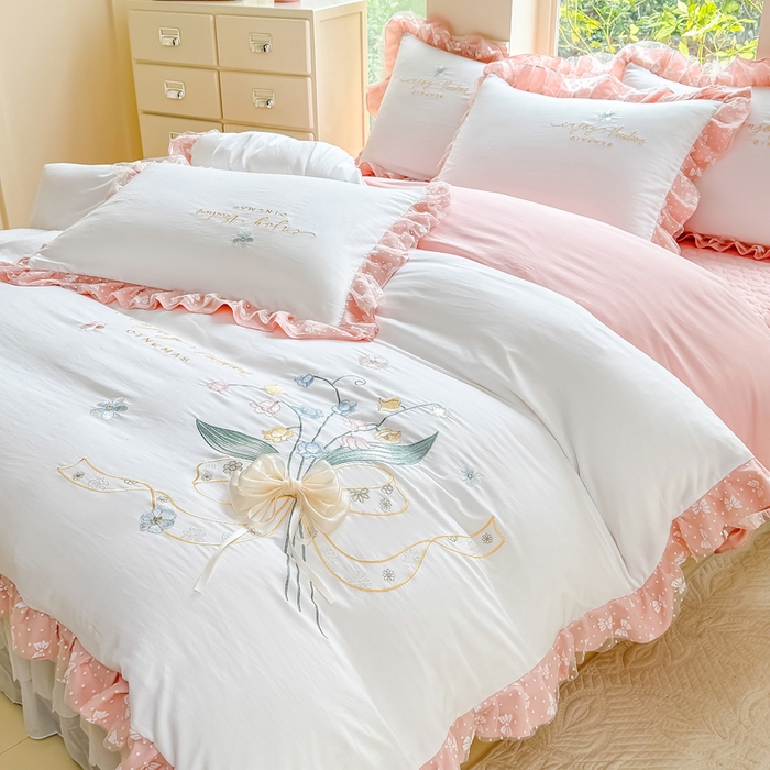 91家纺网 家纺一手货源 找家纺 莉迪娅 2026新款A类糯小棉刺绣花边四件套-铃兰系列 铃兰-白