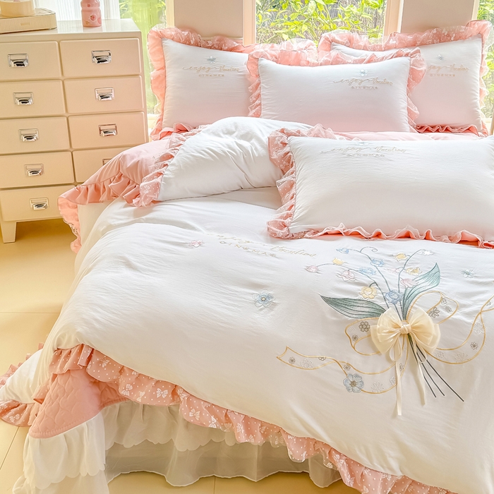 91家纺网 家纺一手货源 找家纺 莉迪娅 2026新款A类糯小棉刺绣花边四件套-铃兰系列 铃兰-白