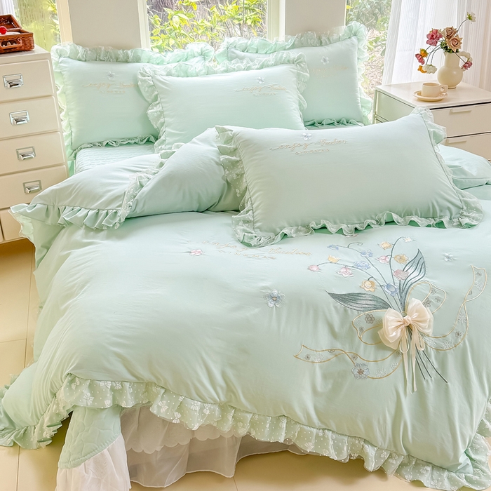 91家纺网 家纺一手货源 找家纺 莉迪娅 2026新款A类糯小棉刺绣花边四件套-铃兰系列 铃兰-绿