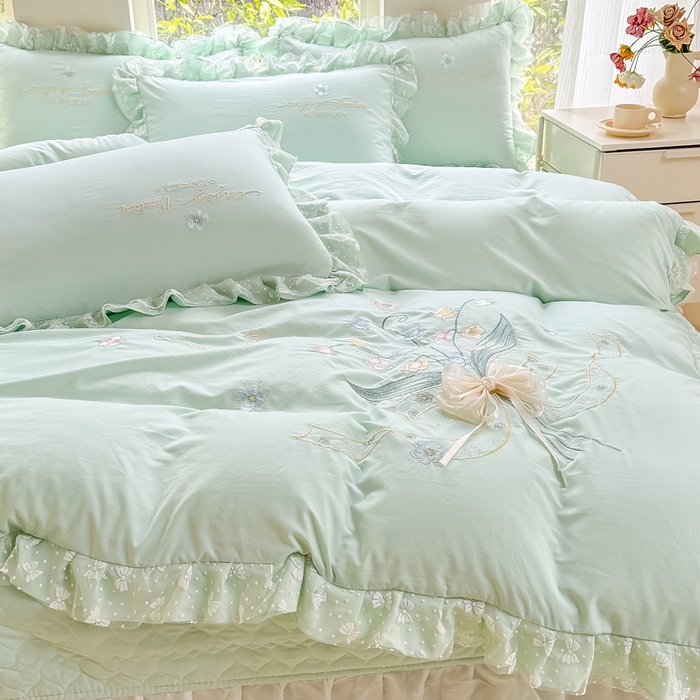 91家纺网 家纺一手货源 找家纺 莉迪娅 2026新款A类糯小棉刺绣花边四件套-铃兰系列 铃兰-绿