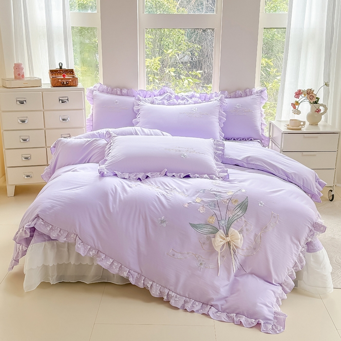 91家纺网 家纺一手货源 找家纺 莉迪娅 2026新款A类糯小棉刺绣花边四件套-铃兰系列 铃兰-紫