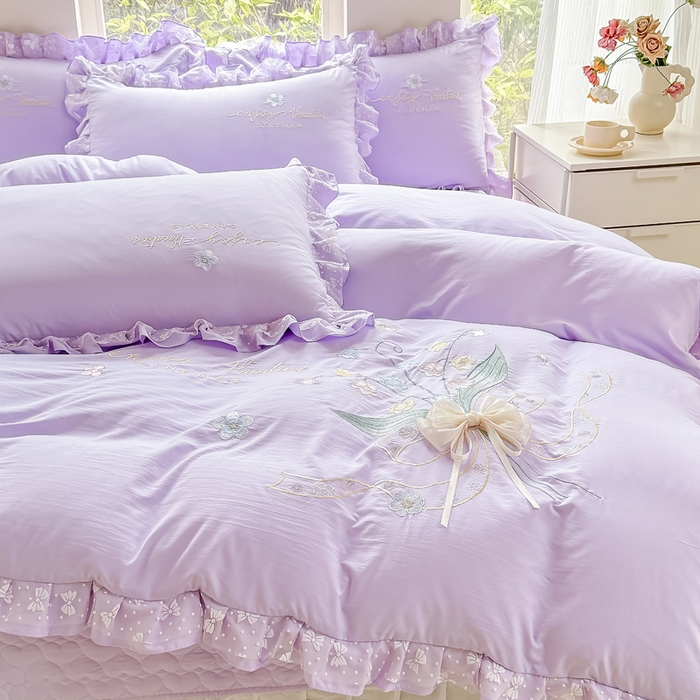 91家纺网 家纺一手货源 找家纺 莉迪娅 2026新款A类糯小棉刺绣花边四件套-铃兰系列 铃兰-紫