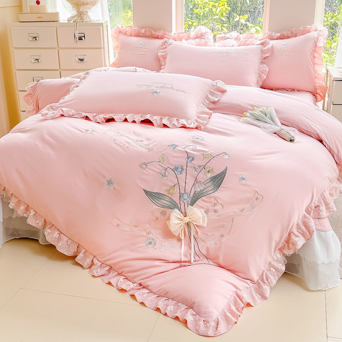 莉迪娅 2026新款A类糯小棉刺绣花边四件套-铃兰系列 铃兰-粉