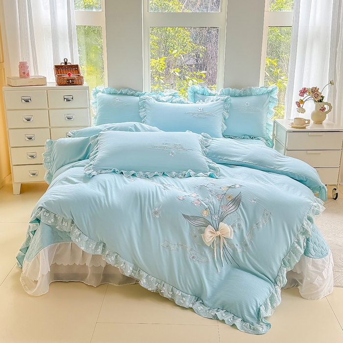 91家纺网 家纺一手货源 找家纺 莉迪娅 2026新款A类糯小棉刺绣花边四件套-铃兰系列 铃兰-蓝