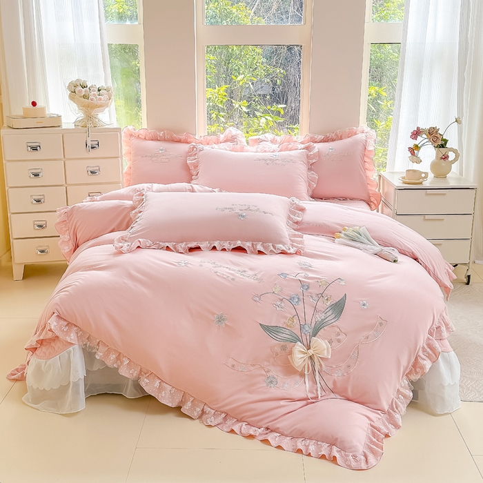 91家纺网 家纺一手货源 找家纺 莉迪娅 2026新款A类糯小棉刺绣花边四件套-铃兰系列 铃兰-粉