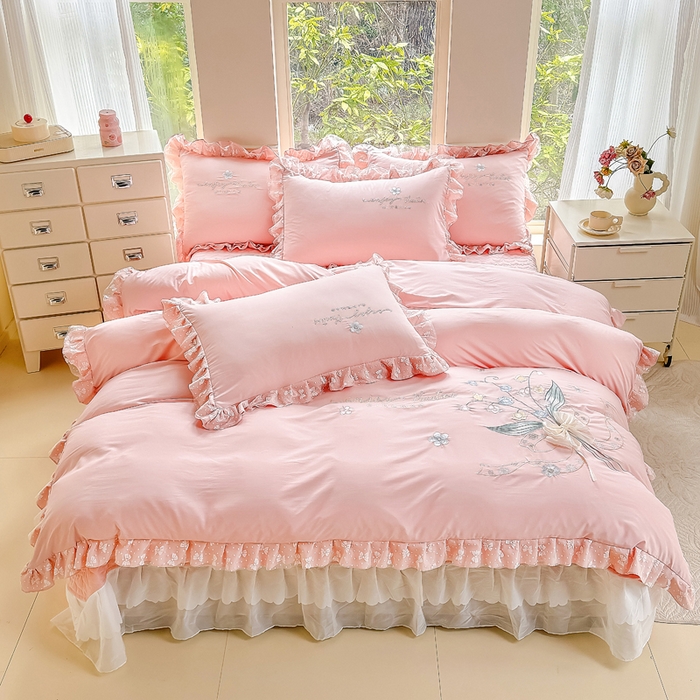 91家纺网 家纺一手货源 找家纺 莉迪娅 2026新款A类糯小棉刺绣花边四件套-铃兰系列 铃兰-粉