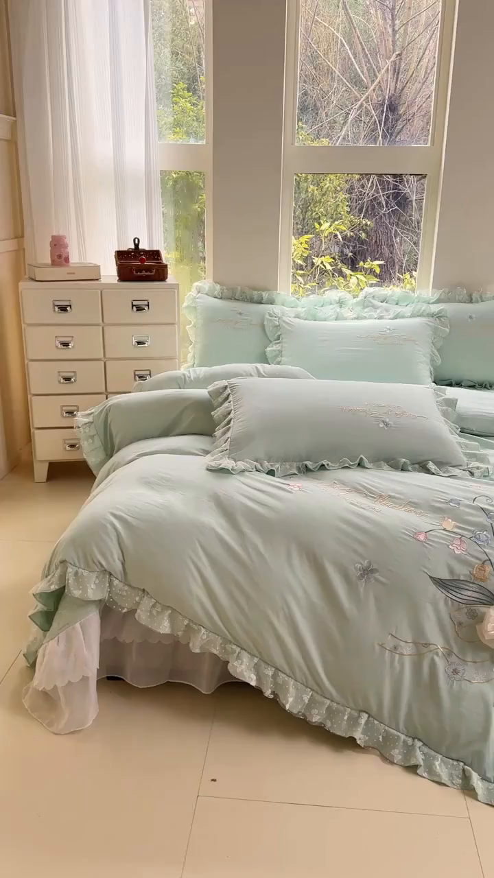 91家纺网 家纺一手货源 找家纺 莉迪娅 2026新款A类糯小棉刺绣花边四件套-铃兰系列 铃兰-绿
