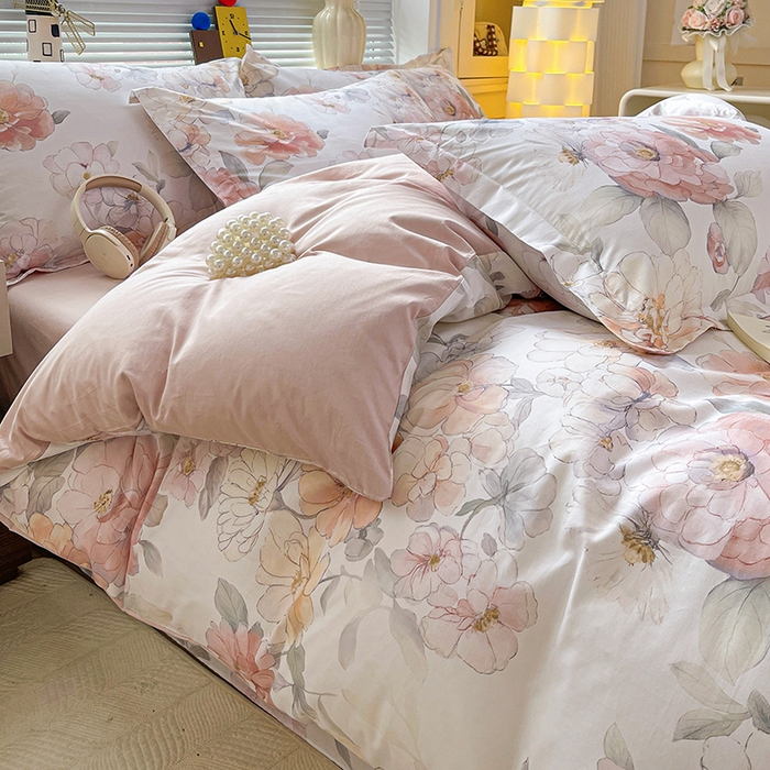 91家纺网 家纺一手货源 找家纺 大柏树 2026新款全棉纯棉13376印花四件套 云纱粉