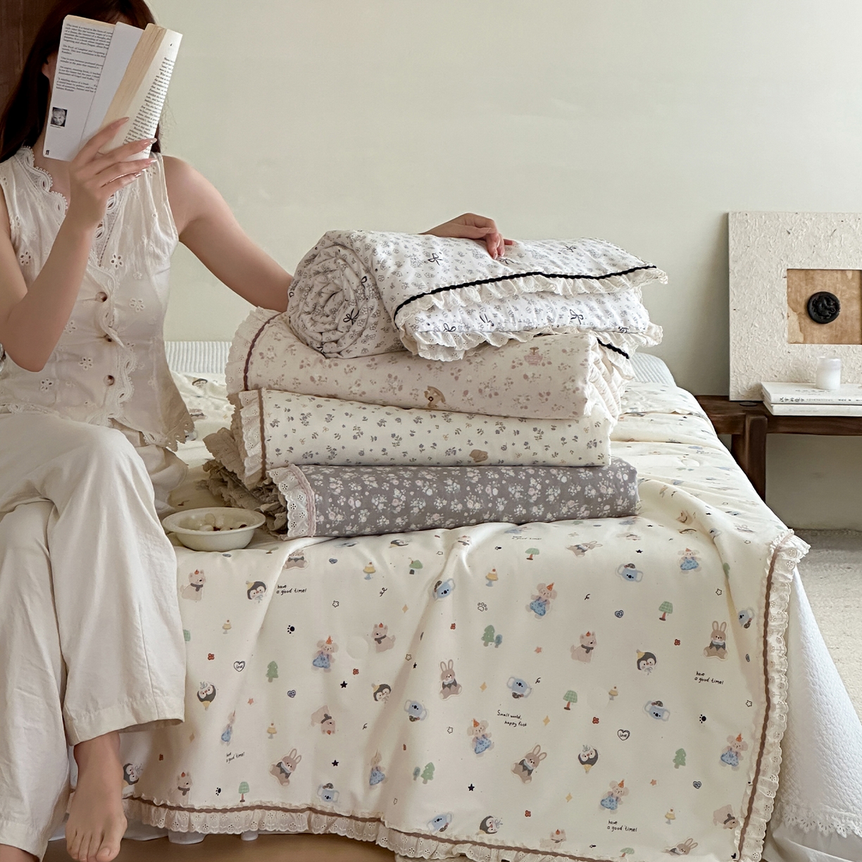 91家纺网 家纺一手货源 找家纺 （总）一加一 2026新款全棉活性印花立体花边大豆夏被夏凉被空调被四件套