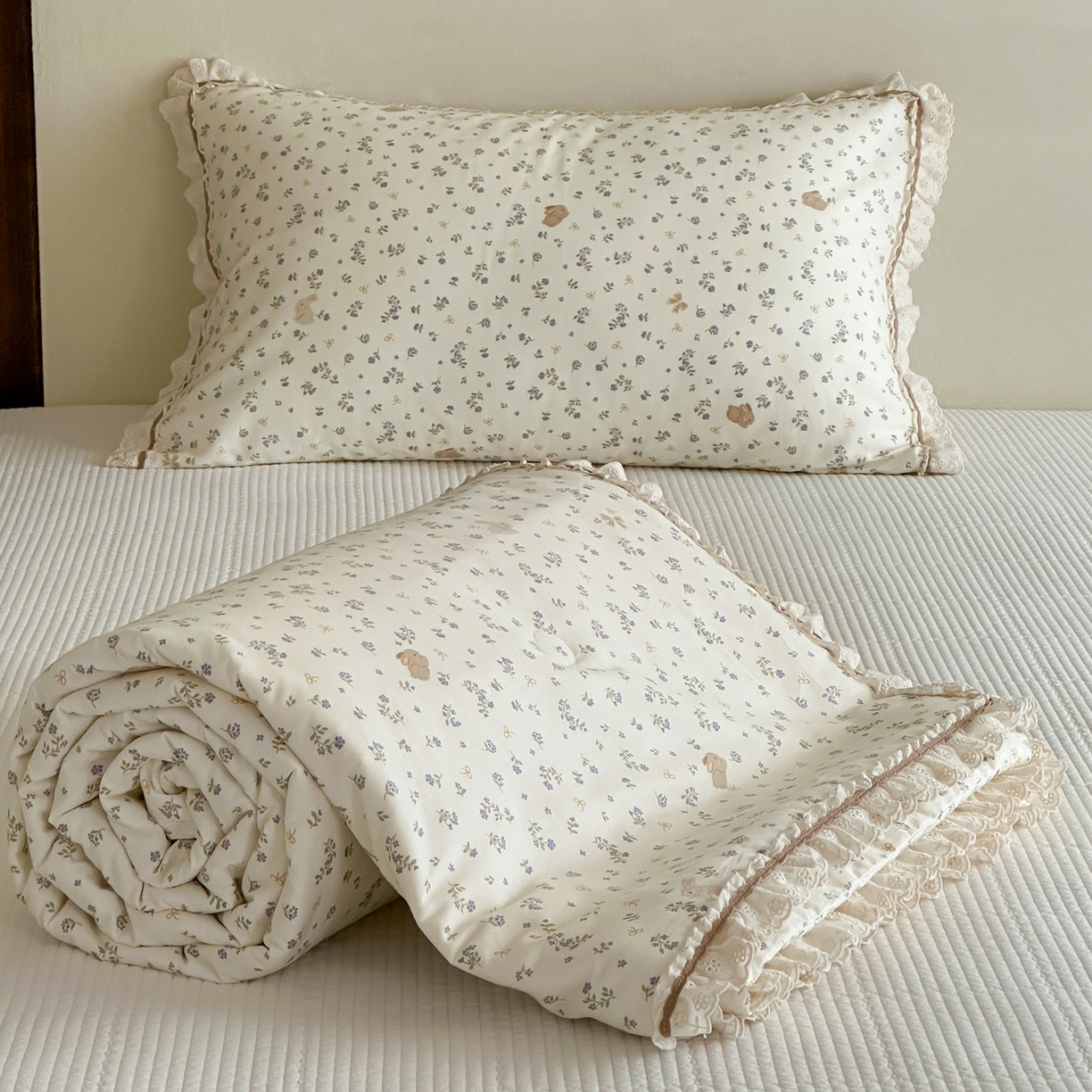 一加一 2026新款全棉活性印花立体花边大豆夏被夏凉被空调被四件套 微花耳耳