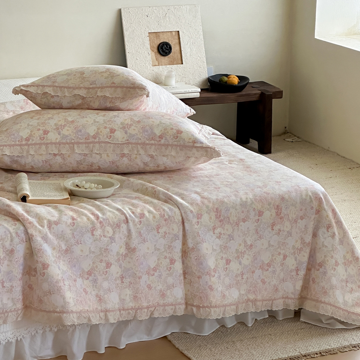 91家纺网 家纺一手货源 找家纺 一加一 2026新款全棉活性印花立体花边大豆夏被夏凉被空调被四件套 蔷薇凝