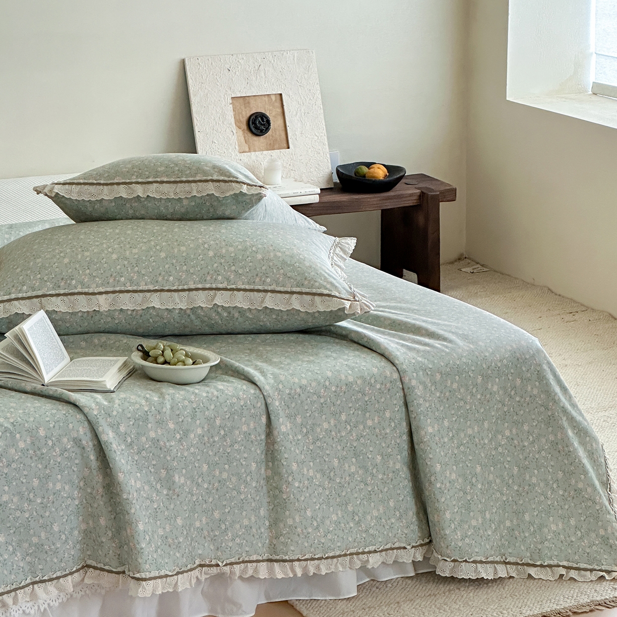 91家纺网 家纺一手货源 找家纺 一加一 2026新款全棉活性印花立体花边大豆夏被夏凉被空调被四件套 绿芜汀