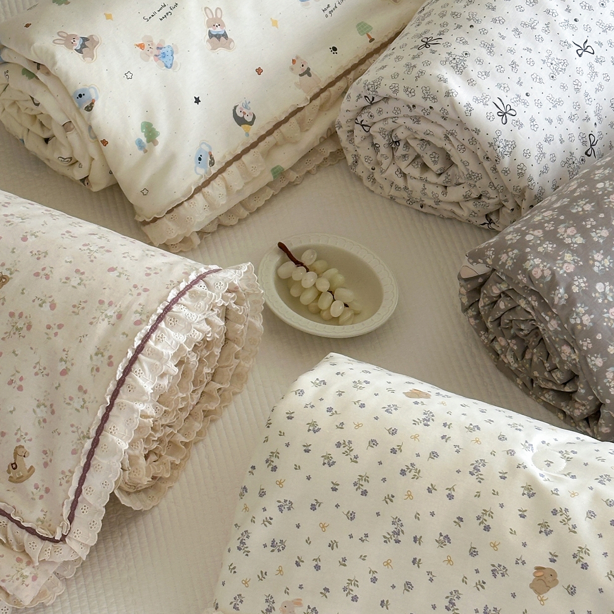 一加一 2026新款全棉活性印花立体花边大豆夏被夏凉被空调被四件套 组合图仅供展示不可下单