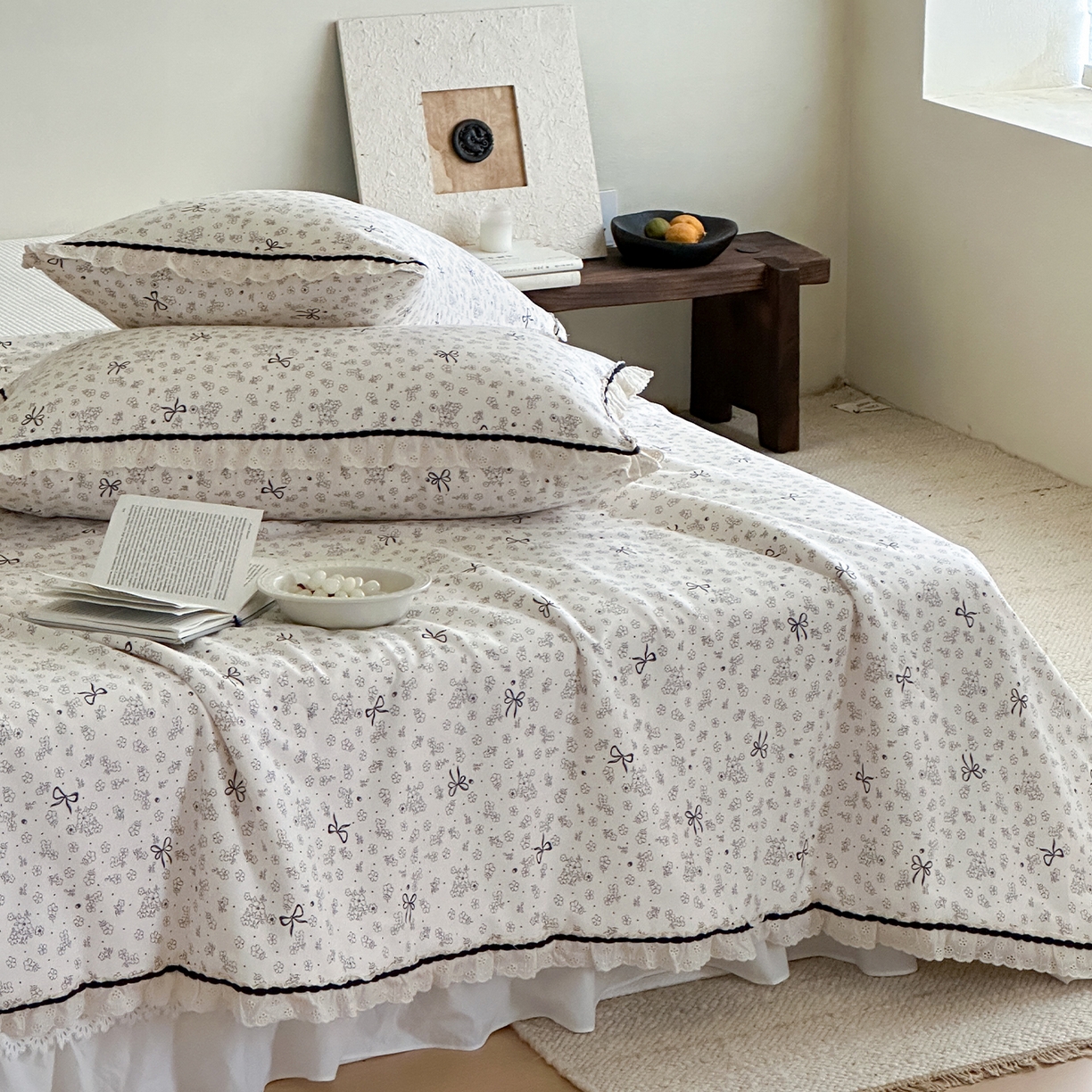 91家纺网 家纺一手货源 找家纺 一加一 2026新款全棉活性印花立体花边大豆夏被夏凉被空调被四件套 星花结