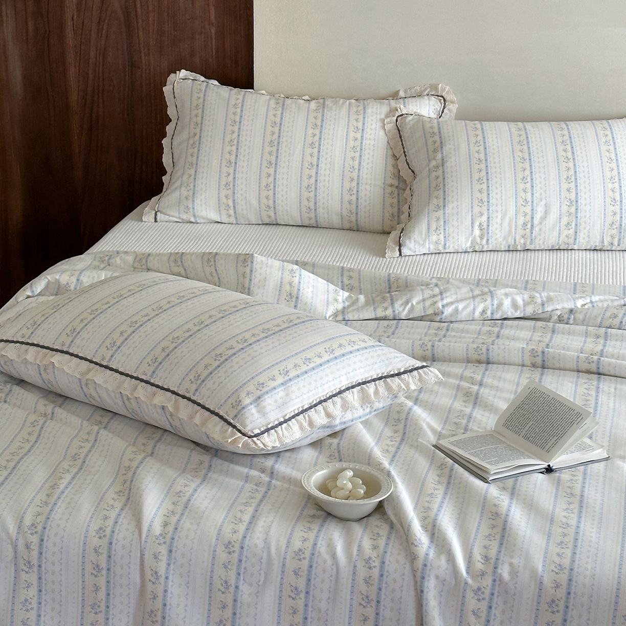 91家纺网 家纺一手货源 找家纺 一加一 2026新款全棉活性印花立体花边大豆夏被夏凉被空调被四件套 浅纹蓝