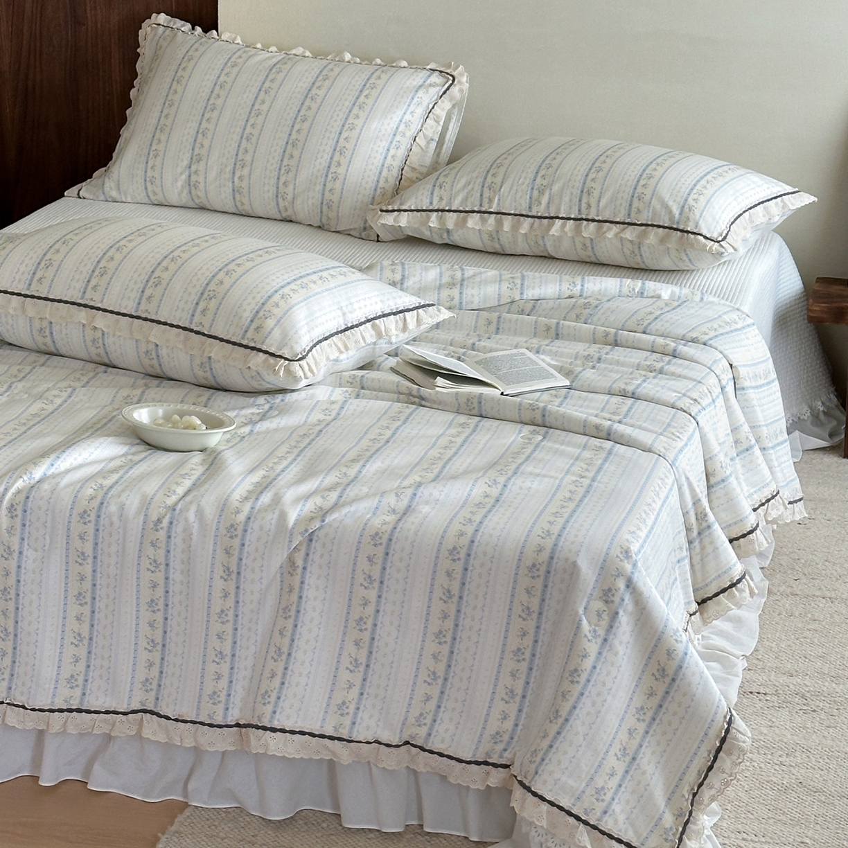 91家纺网 家纺一手货源 找家纺 一加一 2026新款全棉活性印花立体花边大豆夏被夏凉被空调被四件套 浅纹蓝