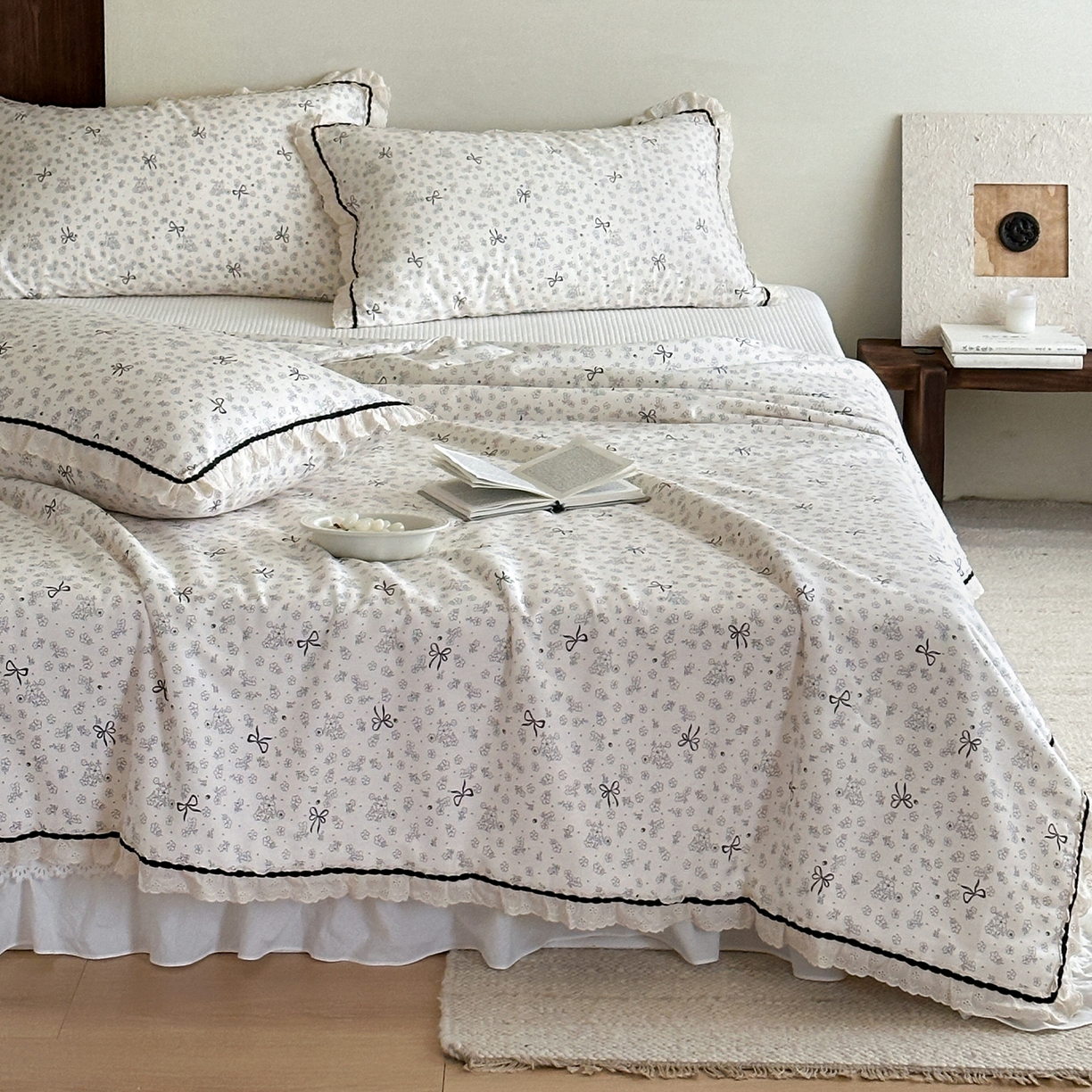 91家纺网 家纺一手货源 找家纺 一加一 2026新款全棉活性印花立体花边大豆夏被夏凉被空调被四件套 星花结