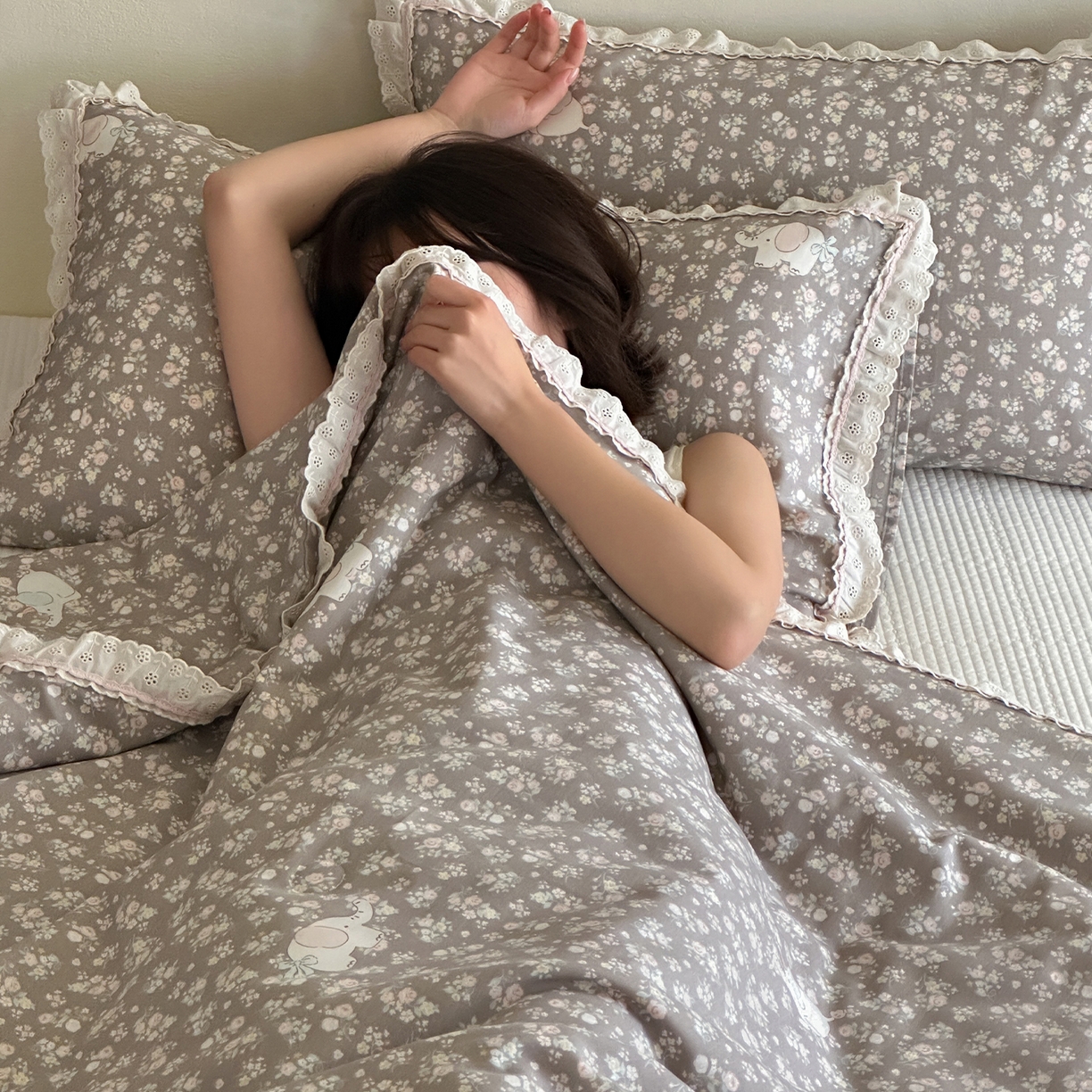 91家纺网 家纺一手货源 找家纺 一加一 2026新款全棉活性印花立体花边大豆夏被夏凉被空调被四件套 泡泡小象