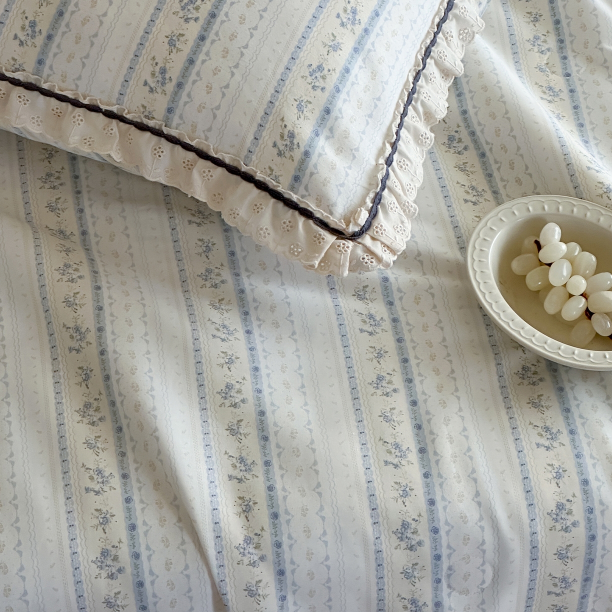 91家纺网 家纺一手货源 找家纺 一加一 2026新款全棉活性印花立体花边大豆夏被夏凉被空调被四件套 浅纹蓝