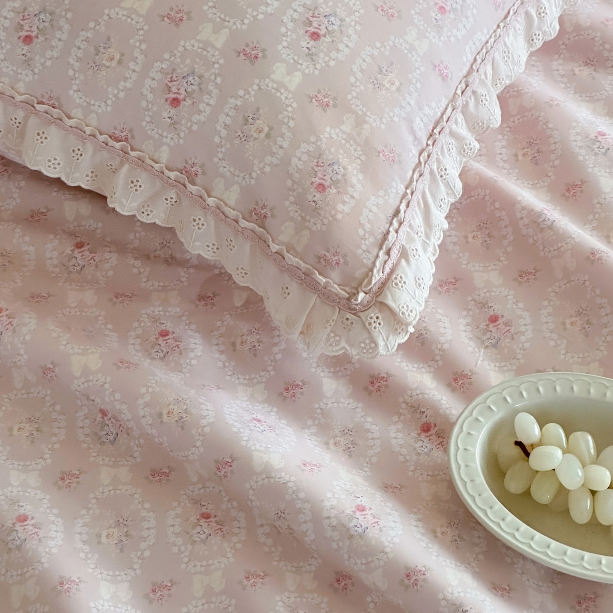 91家纺网 家纺一手货源 找家纺 一加一 2026新款全棉活性印花立体花边大豆夏被夏凉被空调被四件套 浅茶春樱