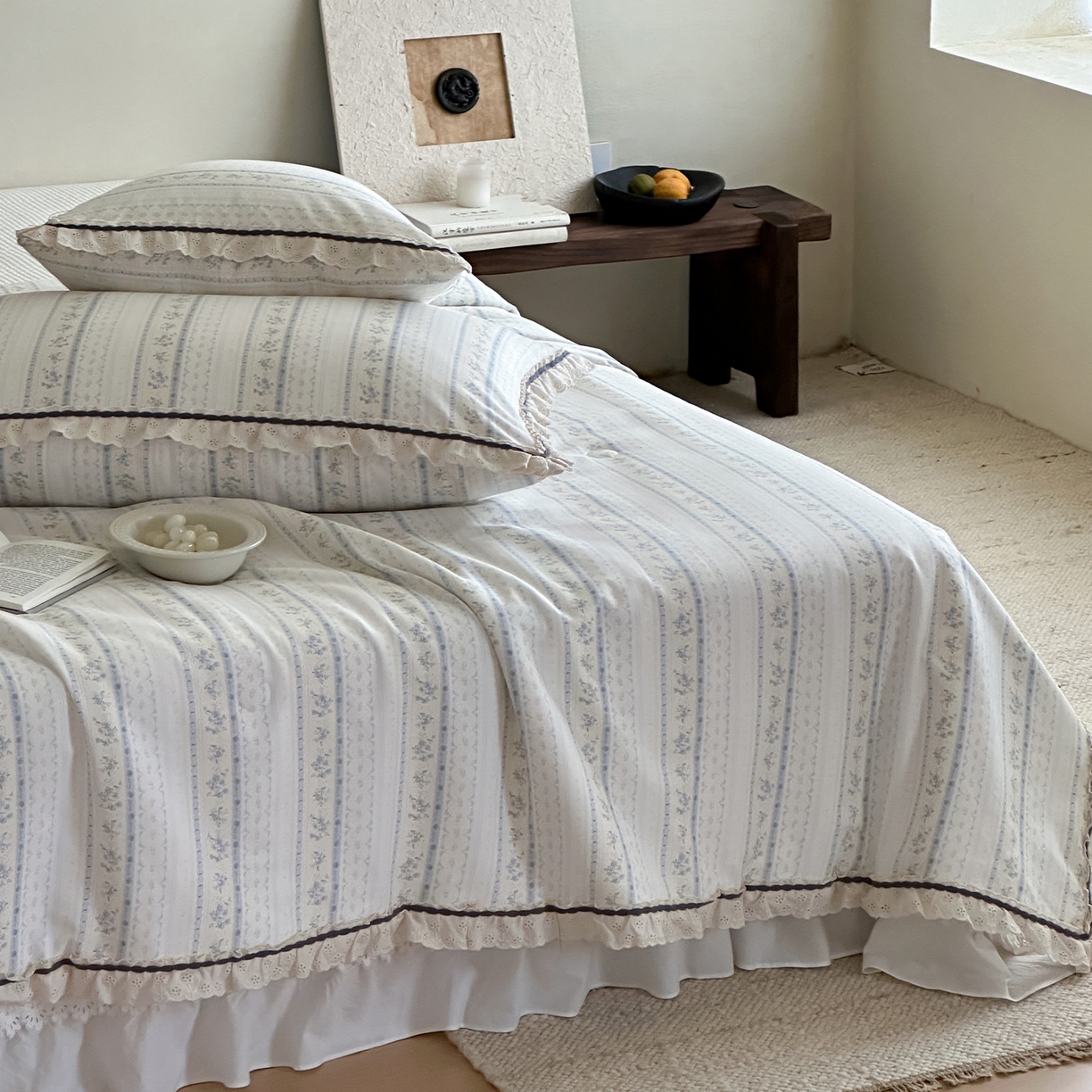 91家纺网 家纺一手货源 找家纺 一加一 2026新款全棉活性印花立体花边大豆夏被夏凉被空调被四件套 浅纹蓝