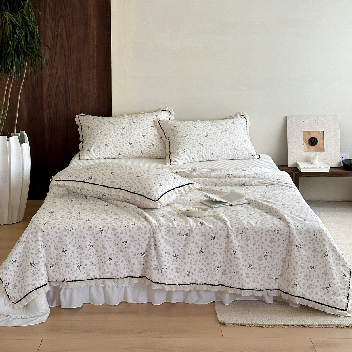 91家纺网 家纺一手货源 找家纺 一加一 2026新款全棉活性印花立体花边大豆夏被夏凉被空调被四件套 星花结