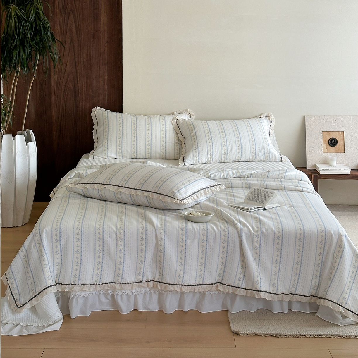 91家纺网 家纺一手货源 找家纺 一加一 2026新款全棉活性印花立体花边大豆夏被夏凉被空调被四件套 浅纹蓝