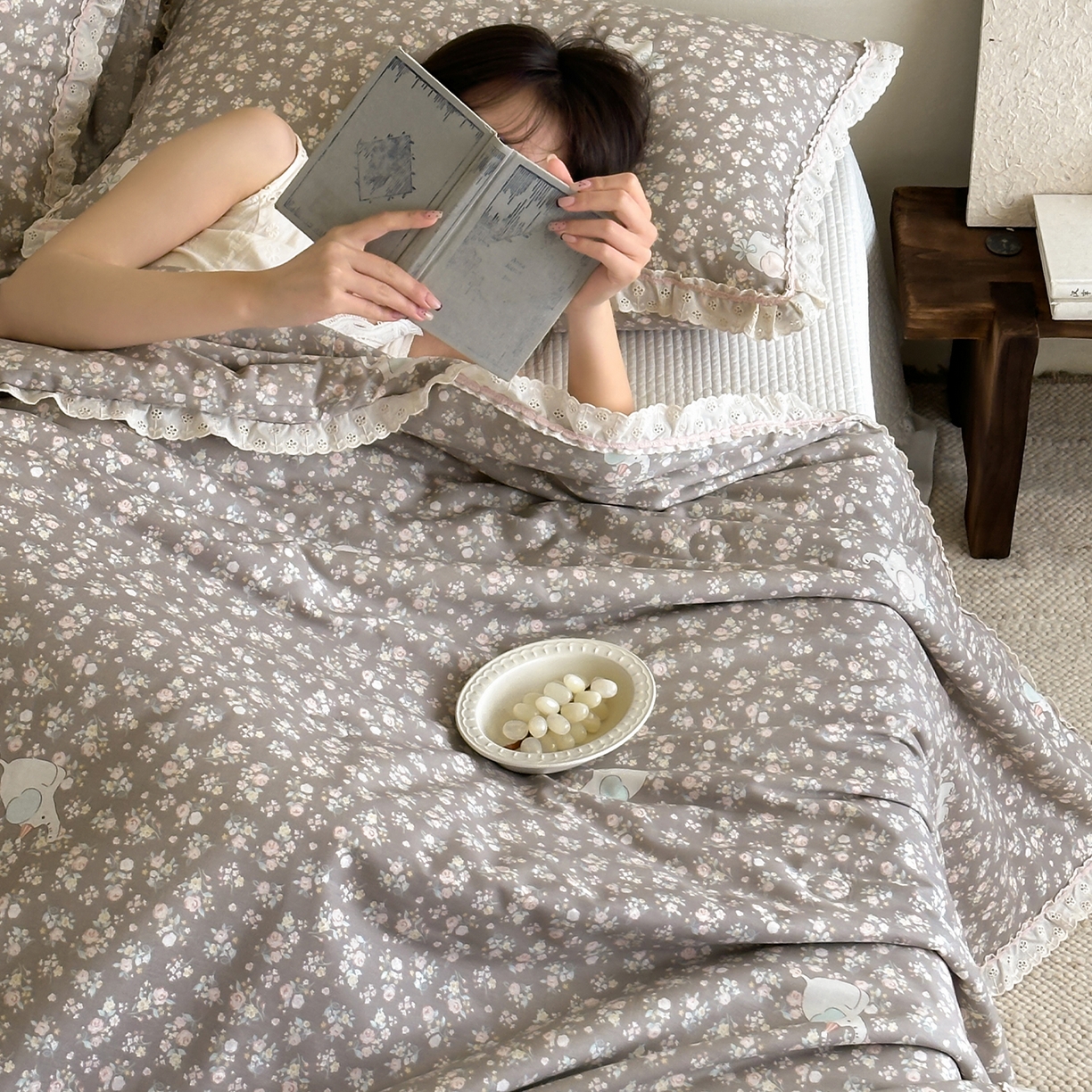 91家纺网 家纺一手货源 找家纺 一加一 2026新款全棉活性印花立体花边大豆夏被夏凉被空调被四件套 泡泡小象