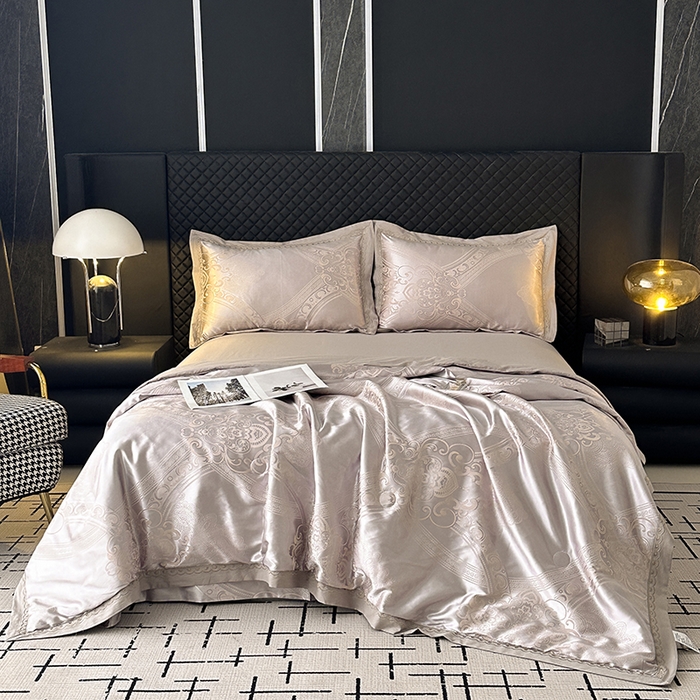 91家纺网 家纺一手货源 找家纺 莉迪娅 2026新款全棉纯棉贡缎提花夏被夏凉被空调被四件套 轻奢时尚银咖
