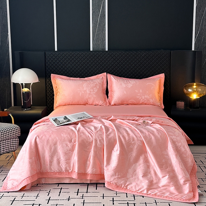 91家纺网 家纺一手货源 找家纺 莉迪娅 2026新款全棉纯棉贡缎提花夏被夏凉被空调被四件套 曼陀罗红玉