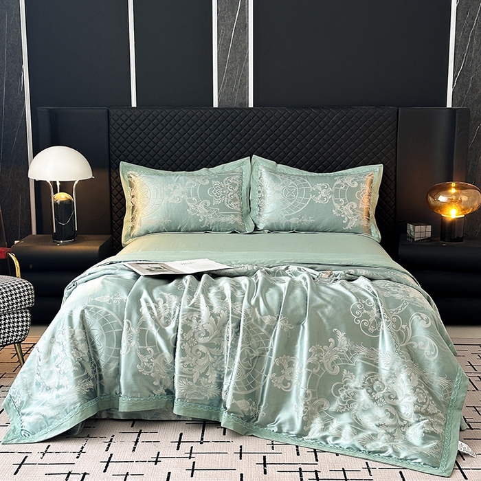 91家纺网 家纺一手货源 找家纺 莉迪娅 2026新款全棉纯棉贡缎提花夏被夏凉被空调被四件套 清凉一夏水绿