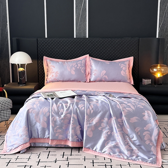 91家纺网 家纺一手货源 找家纺 莉迪娅 2026新款全棉纯棉贡缎提花夏被夏凉被空调被四件套 叶语浪漫浅紫