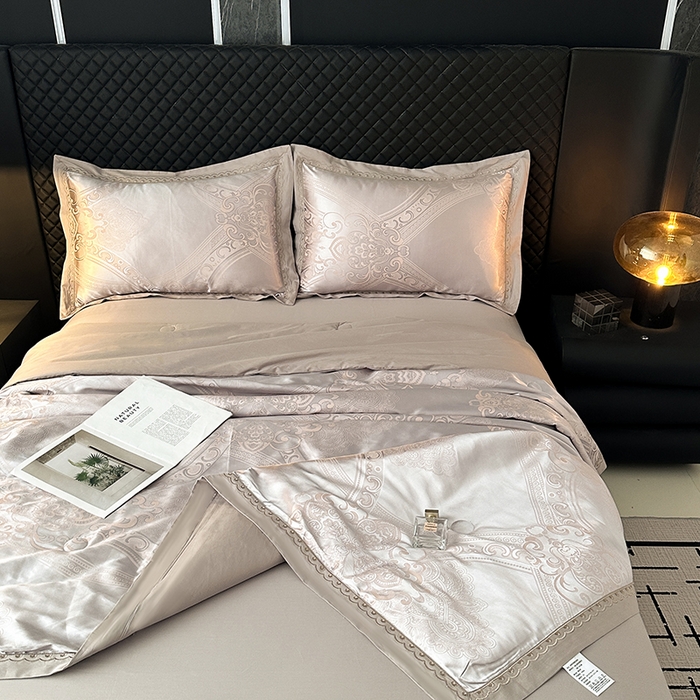 91家纺网 家纺一手货源 找家纺 莉迪娅 2026新款全棉纯棉贡缎提花夏被夏凉被空调被四件套 轻奢时尚银咖
