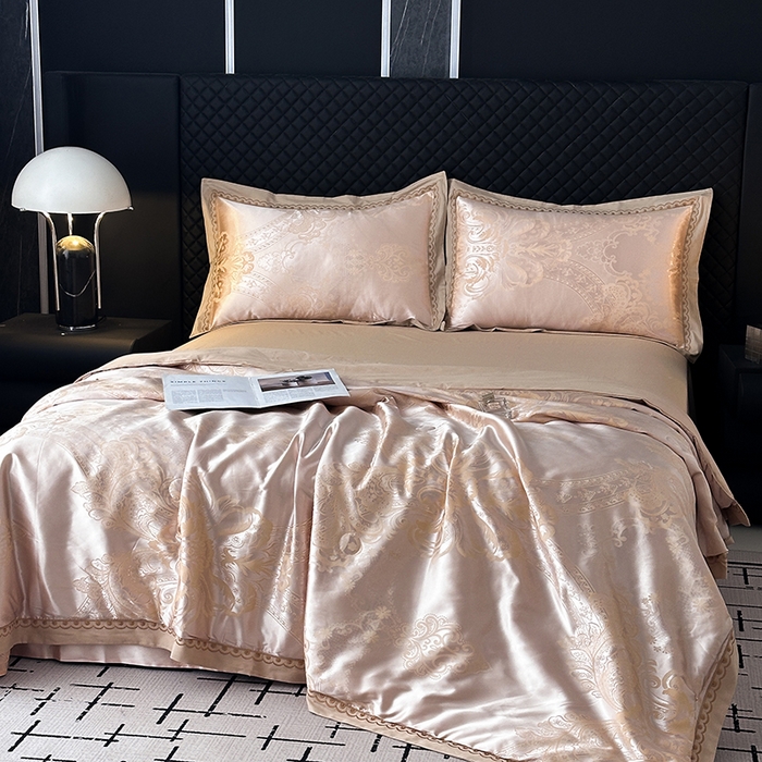 91家纺网 家纺一手货源 找家纺 莉迪娅 2026新款全棉纯棉贡缎提花夏被夏凉被空调被四件套 豪华经典浅咖