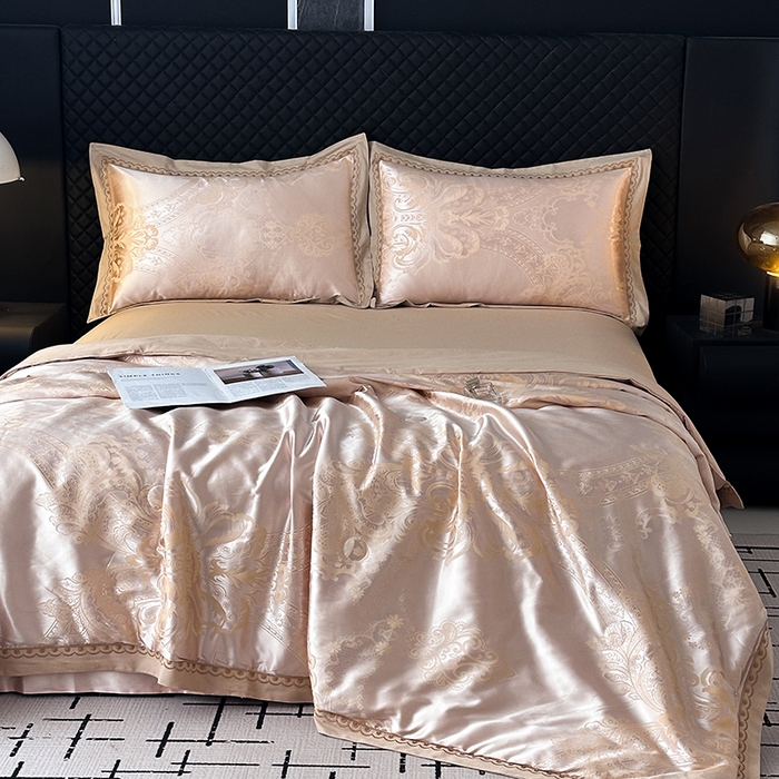 91家纺网 家纺一手货源 找家纺 莉迪娅 2026新款全棉纯棉贡缎提花夏被夏凉被空调被四件套 豪华经典浅咖