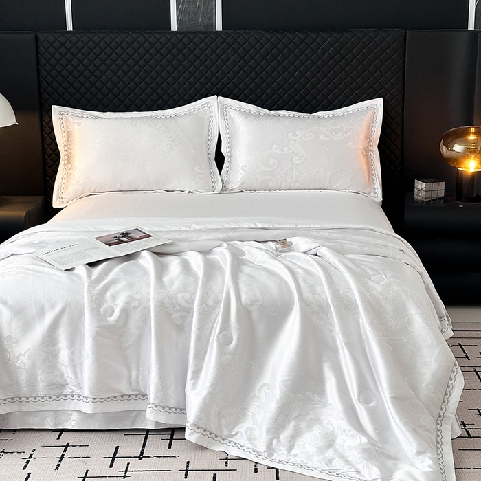 91家纺网 家纺一手货源 找家纺 莉迪娅 2026新款全棉纯棉贡缎提花夏被夏凉被空调被四件套 相伴一生白