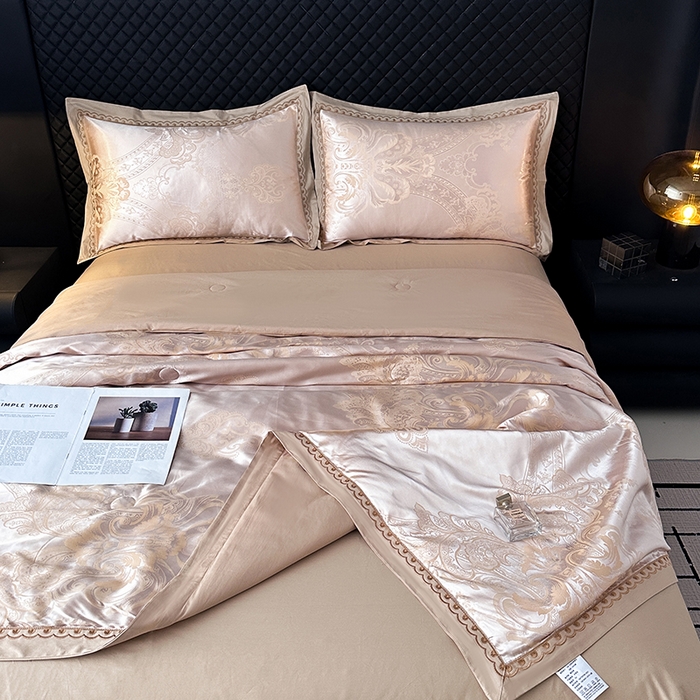 91家纺网 家纺一手货源 找家纺 莉迪娅 2026新款全棉纯棉贡缎提花夏被夏凉被空调被四件套 豪华经典浅咖